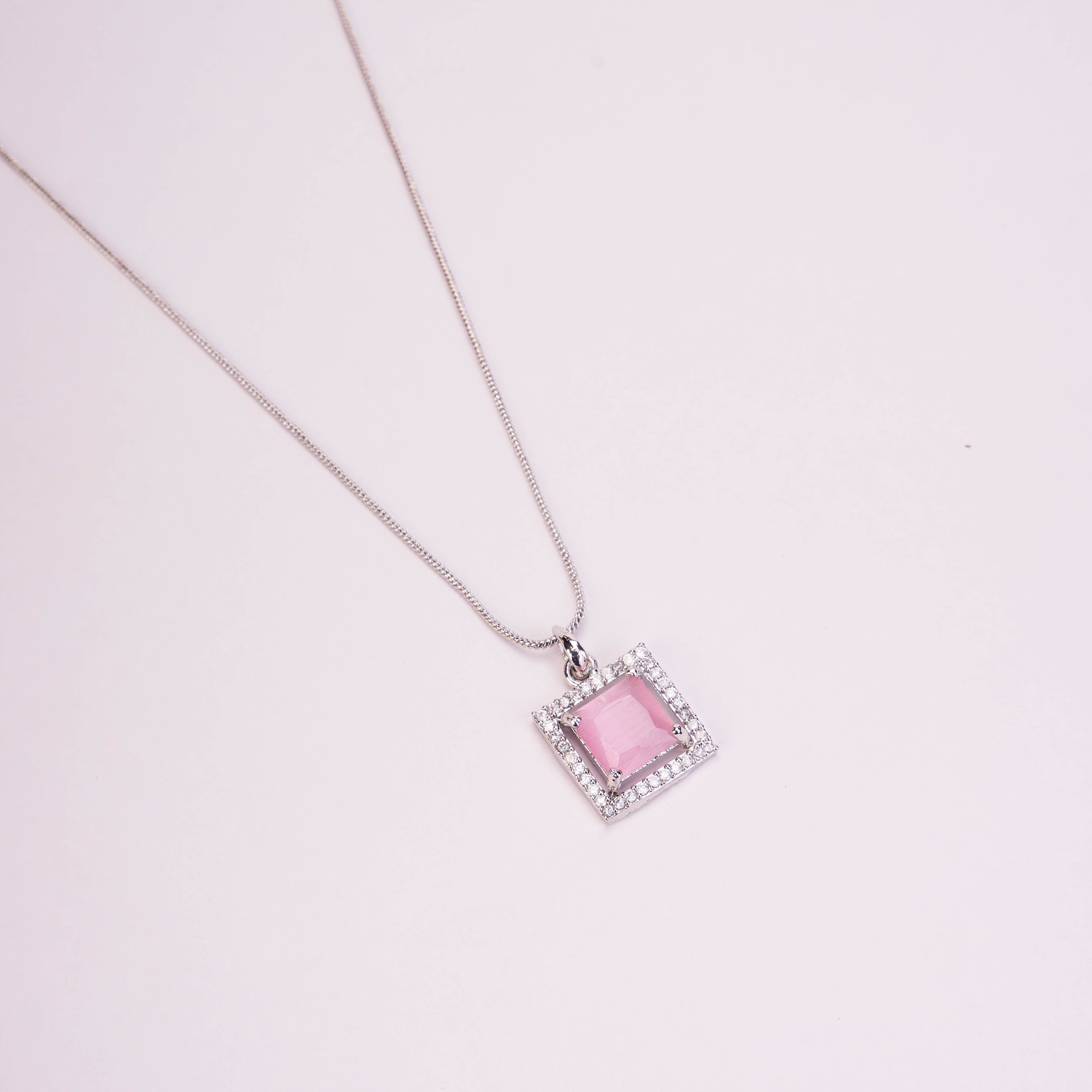 Square Halo Design Rhodium Plated Pendant with chain-Mint Pink