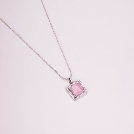 Square Halo Design Rhodium Plated Pendant with chain-Mint Pink