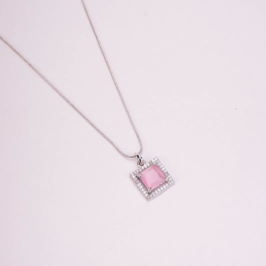Square Halo Design Rhodium Plated Pendant with chain-Mint Pink