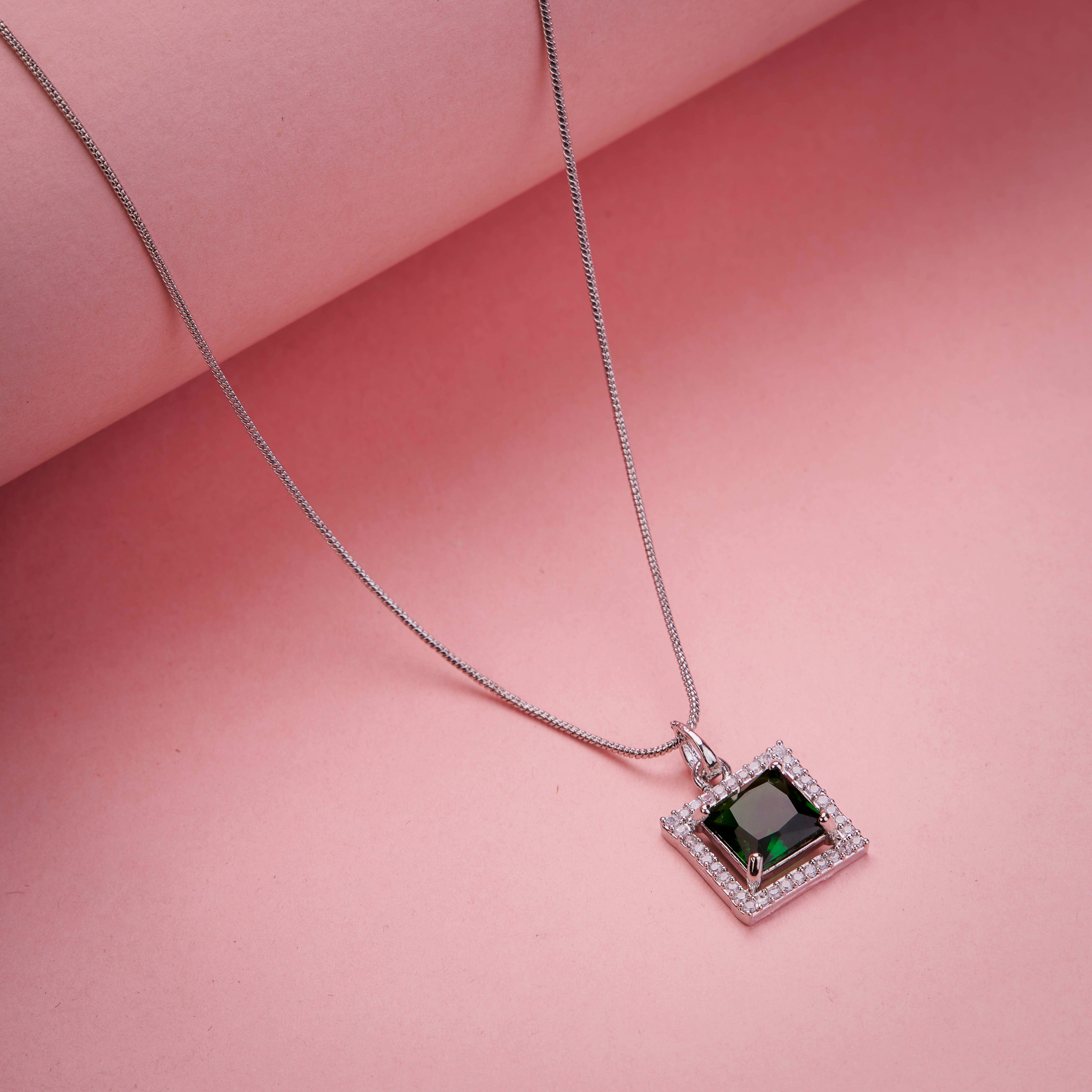 Square Halo Design Rhodium Plated Pendant with chain-Crystal Green