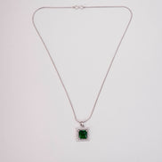 Square Halo Design Rhodium Plated Pendant with chain-Crystal Green