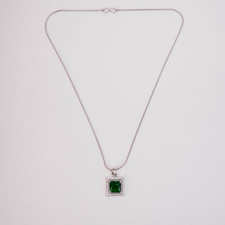 Square Halo Design Rhodium Plated Pendant with chain-Crystal Green