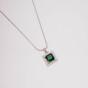 Square Halo Design Rhodium Plated Pendant with chain-Crystal Green