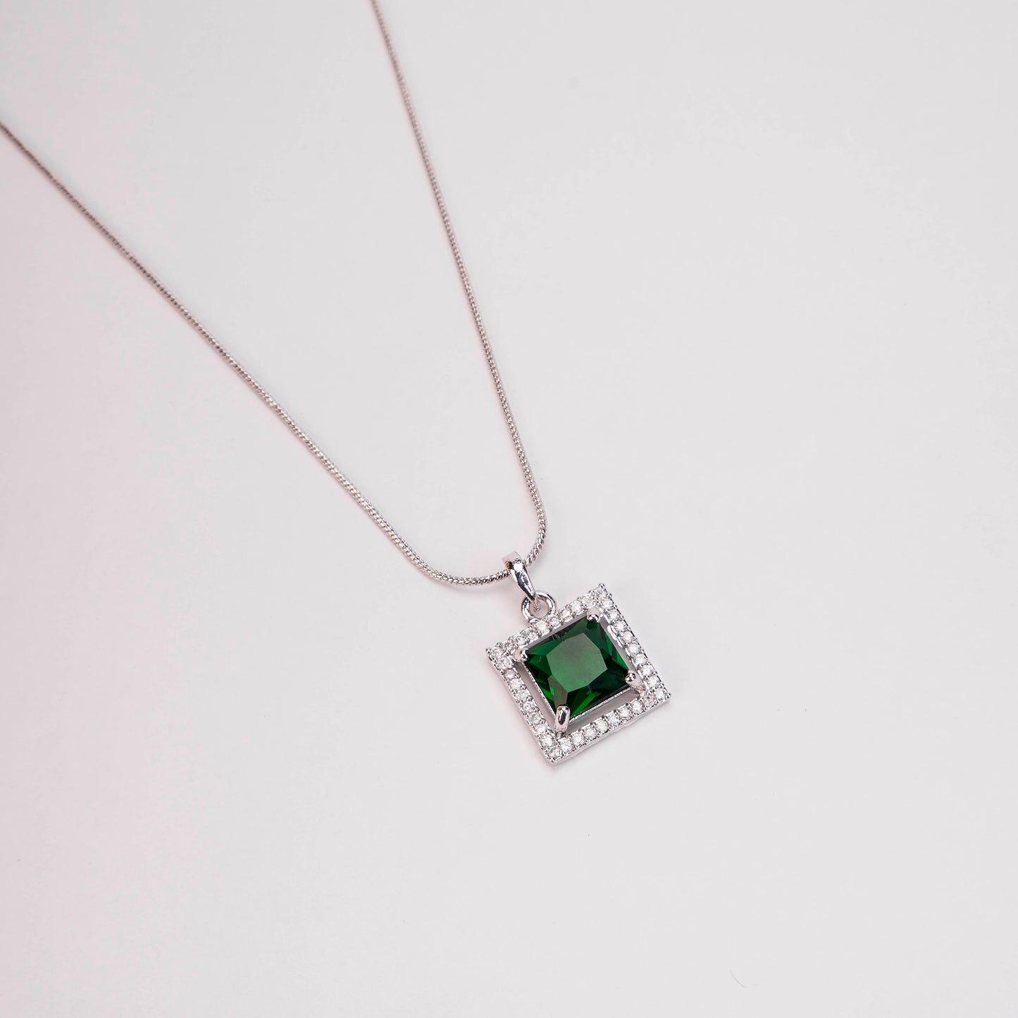 Square Halo Design Rhodium Plated Pendant with chain-Crystal Green