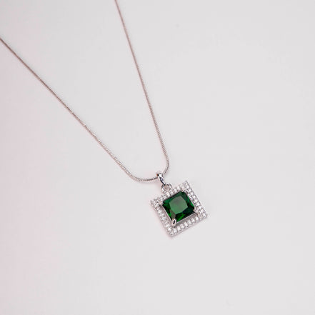 Square Halo Design Rhodium Plated Pendant with chain-Crystal Green