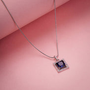 Square Halo Design Rhodium Plated Pendant with chain-Crystal Blue