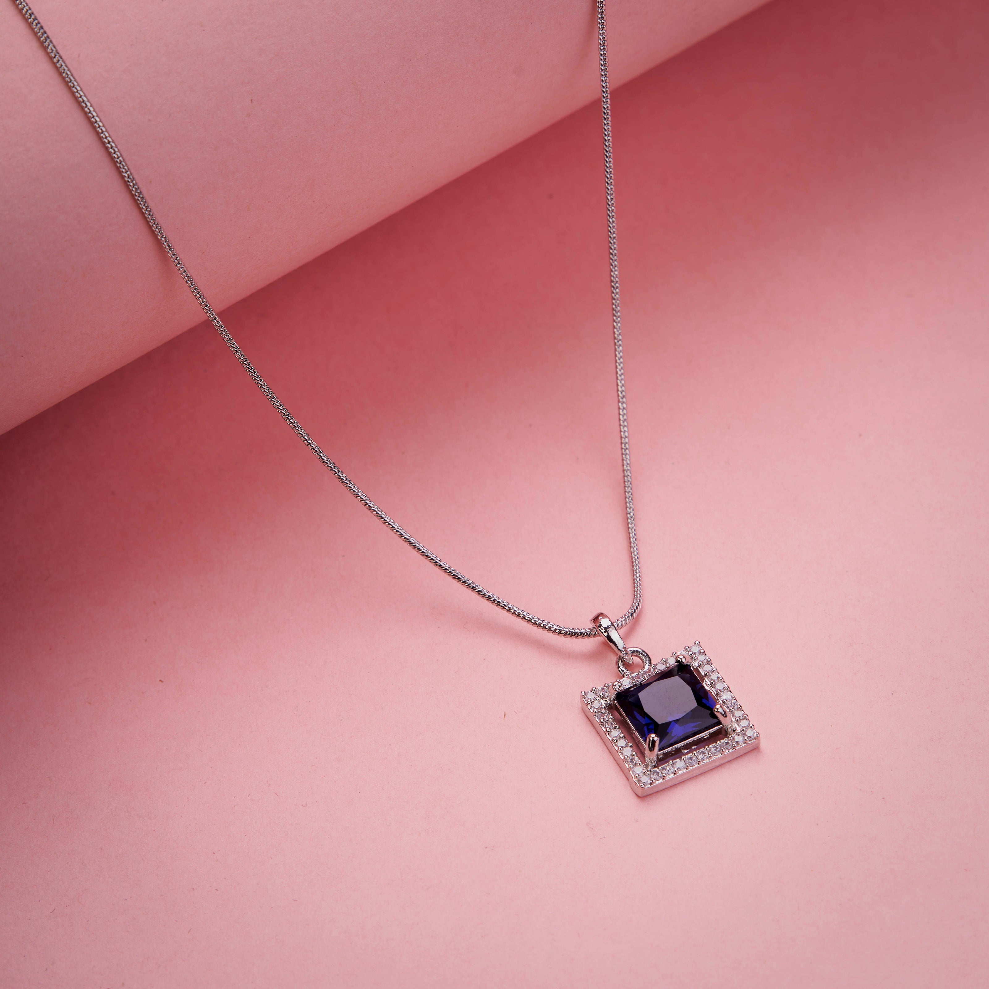 Square Halo Design Rhodium Plated Pendant with chain-Crystal Blue