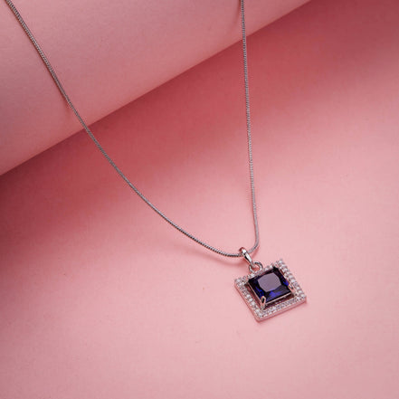 Square Halo Design Rhodium Plated Pendant with chain-Crystal Blue