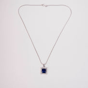 Square Halo Design Rhodium Plated Pendant with chain-Crystal Blue