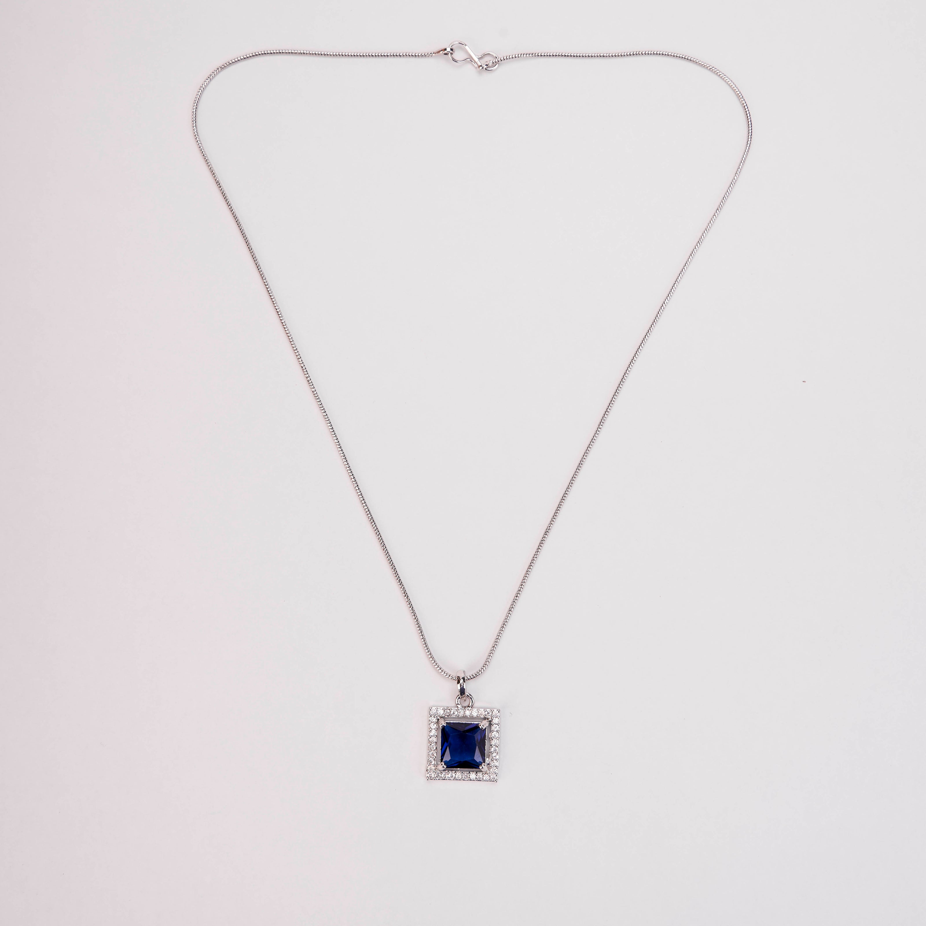 Square Halo Design Rhodium Plated Pendant with chain-Crystal Blue