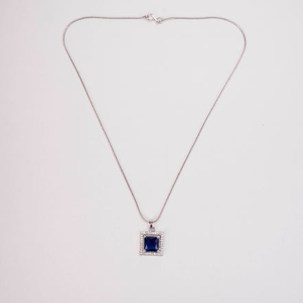 Square Halo Design Rhodium Plated Pendant with chain-Crystal Blue