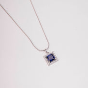 Square Halo Design Rhodium Plated Pendant with chain-Crystal Blue