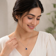 Square Halo Design Rhodium Plated Pendant with chain-Crystal Blue