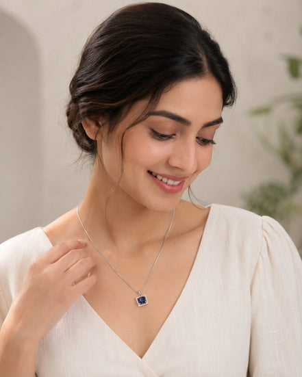 Square Halo Design Rhodium Plated Pendant with chain-Crystal Blue