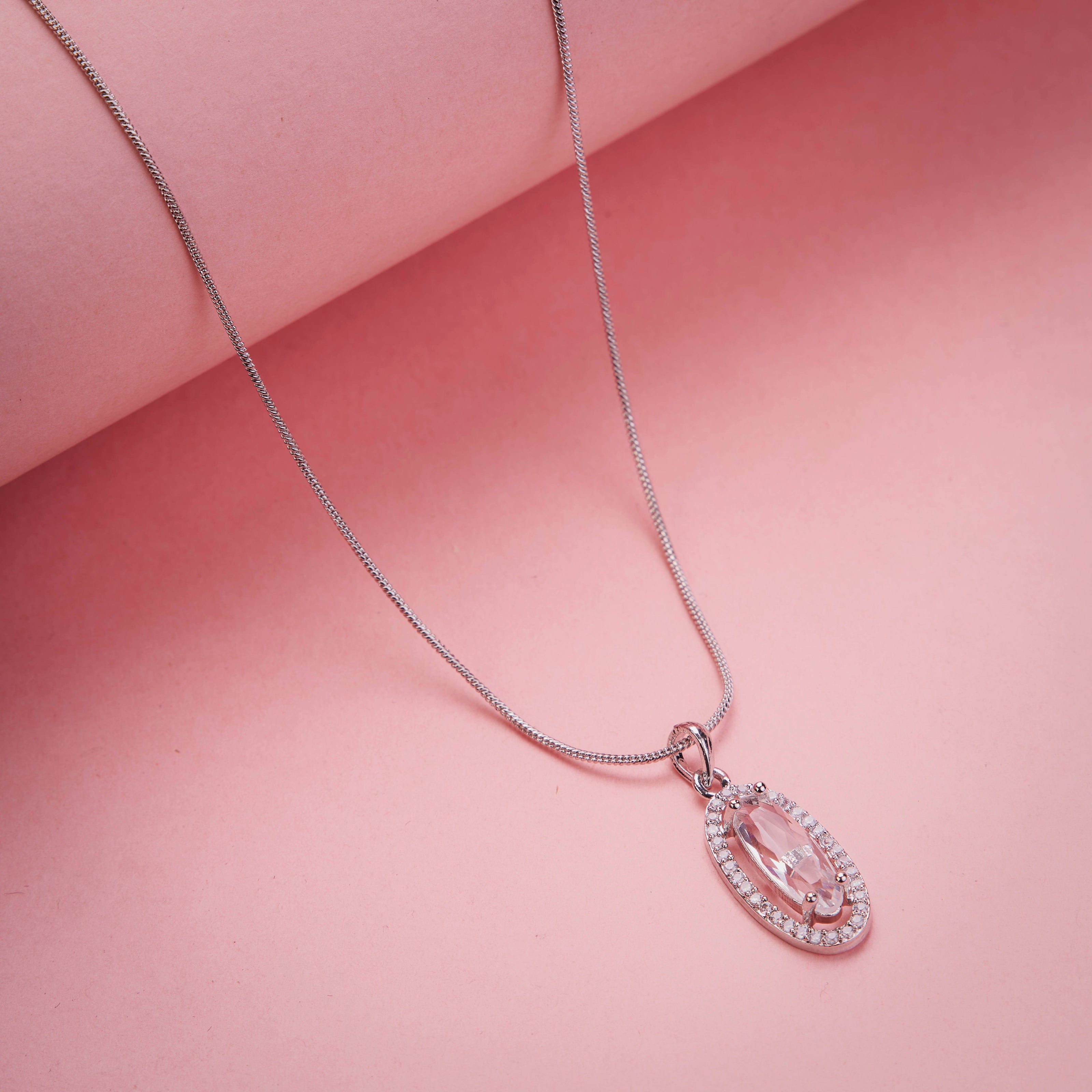 Elongated Oval Halo Design Rhodium Plated Pendant with chain