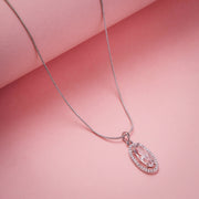 Elongated Oval Halo Design Rhodium Plated Pendant with chain