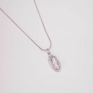 Elongated Oval Halo Design Rhodium Plated Pendant with chain