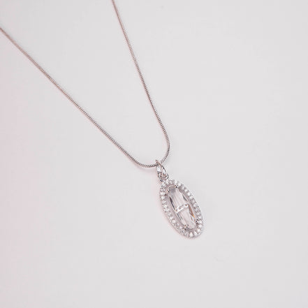 Elongated Oval Halo Design Rhodium Plated Pendant with chain