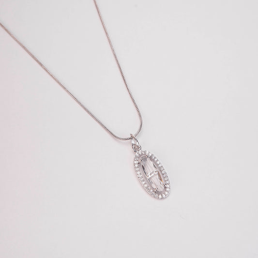 Elongated Oval Halo Design Rhodium Plated Pendant with chain