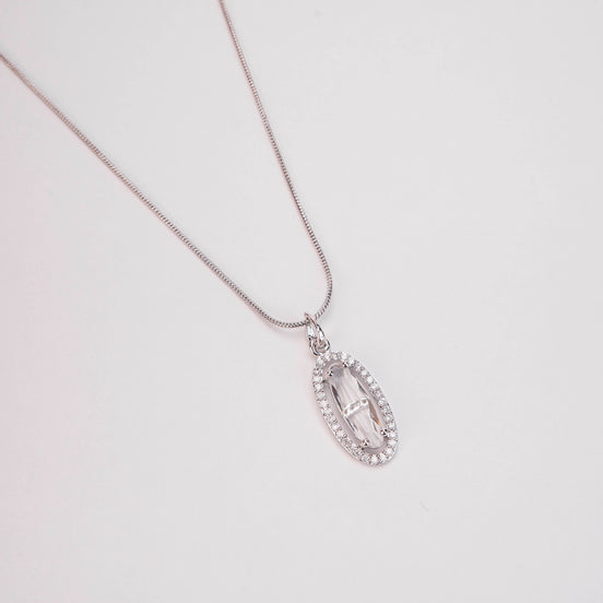 Elongated Oval Halo Design Rhodium Plated Pendant with chain