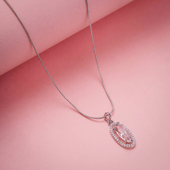 Elongated Oval Halo Design Rhodium Plated Pendant with chain