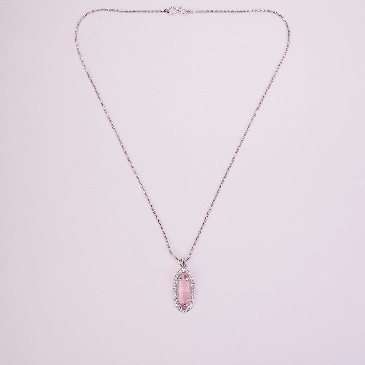 Elongated Oval Halo Design Rhodium Plated Pendant with chain-Mint Pink