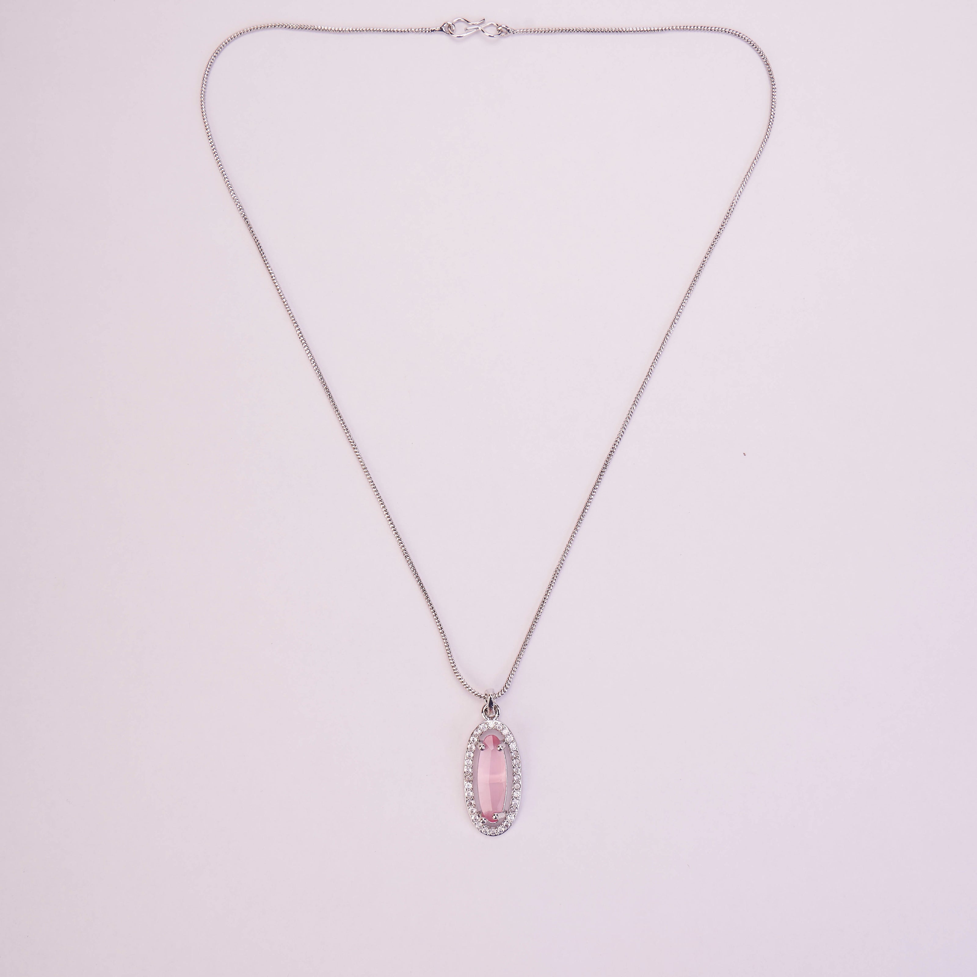 Elongated Oval Halo Design Rhodium Plated Pendant with chain-Mint Pink