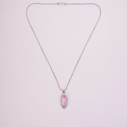 Elongated Oval Halo Design Rhodium Plated Pendant with chain-Mint Pink