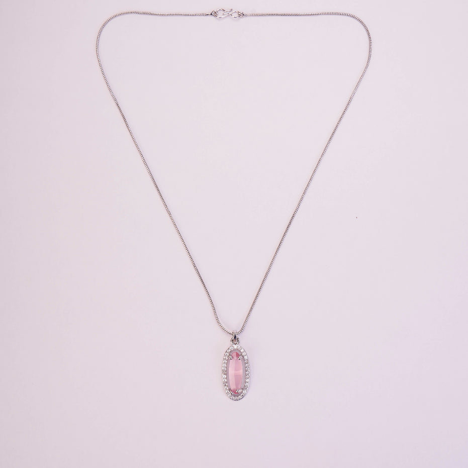 Elongated Oval Halo Design Rhodium Plated Pendant with chain