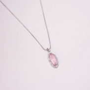 Elongated Oval Halo Design Rhodium Plated Pendant with chain-Mint Pink