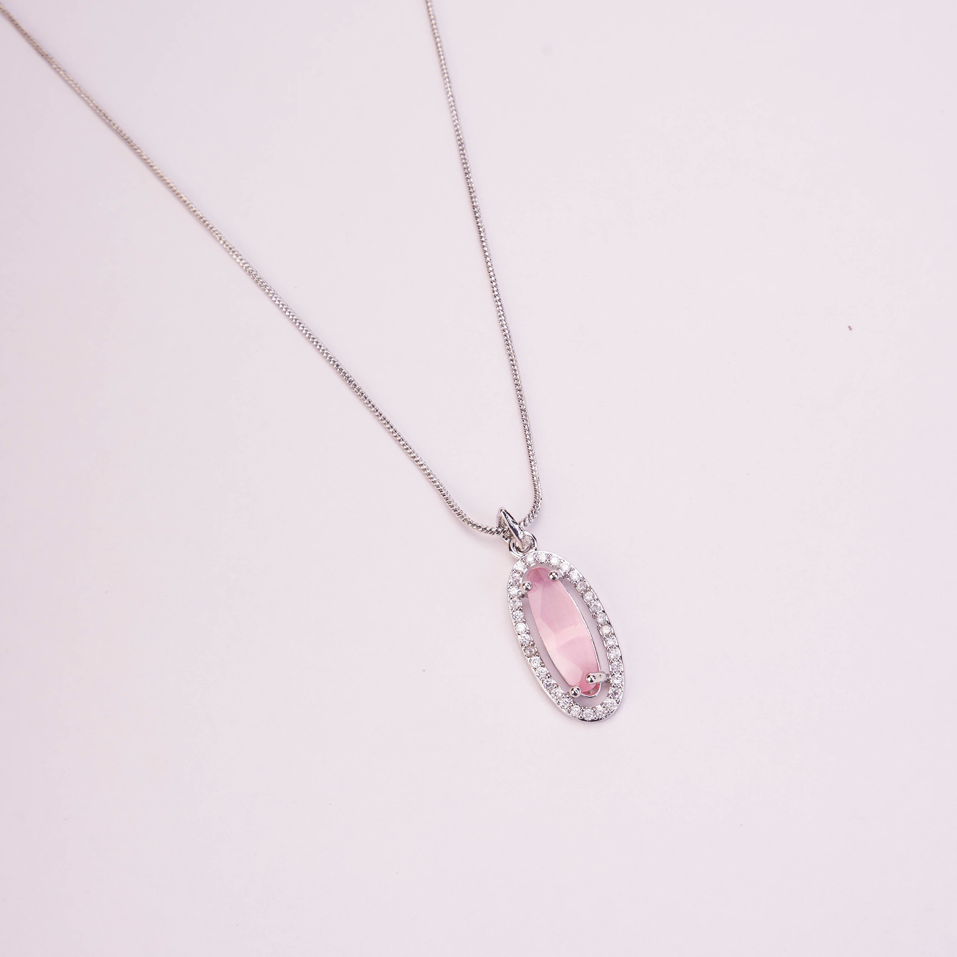 Elongated Oval Halo Design Rhodium Plated Pendant with chain-Mint Pink