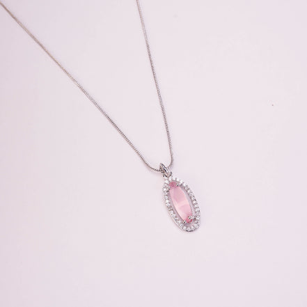 Elongated Oval Halo Design Rhodium Plated Pendant with chain-Mint Pink