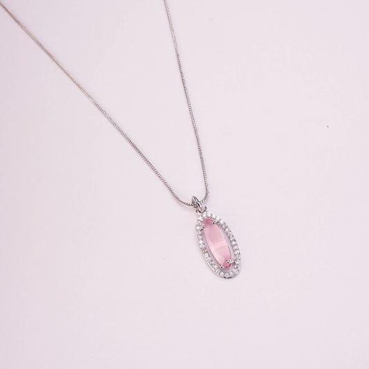 Elongated Oval Halo Design Rhodium Plated Pendant with chain-Mint Pink