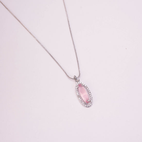Elongated Oval Halo Design Rhodium Plated Pendant with chain-Mint Pink