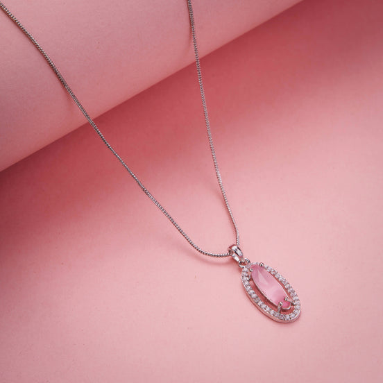 Elongated Oval Halo Design Rhodium Plated Pendant with chain-Mint Pink