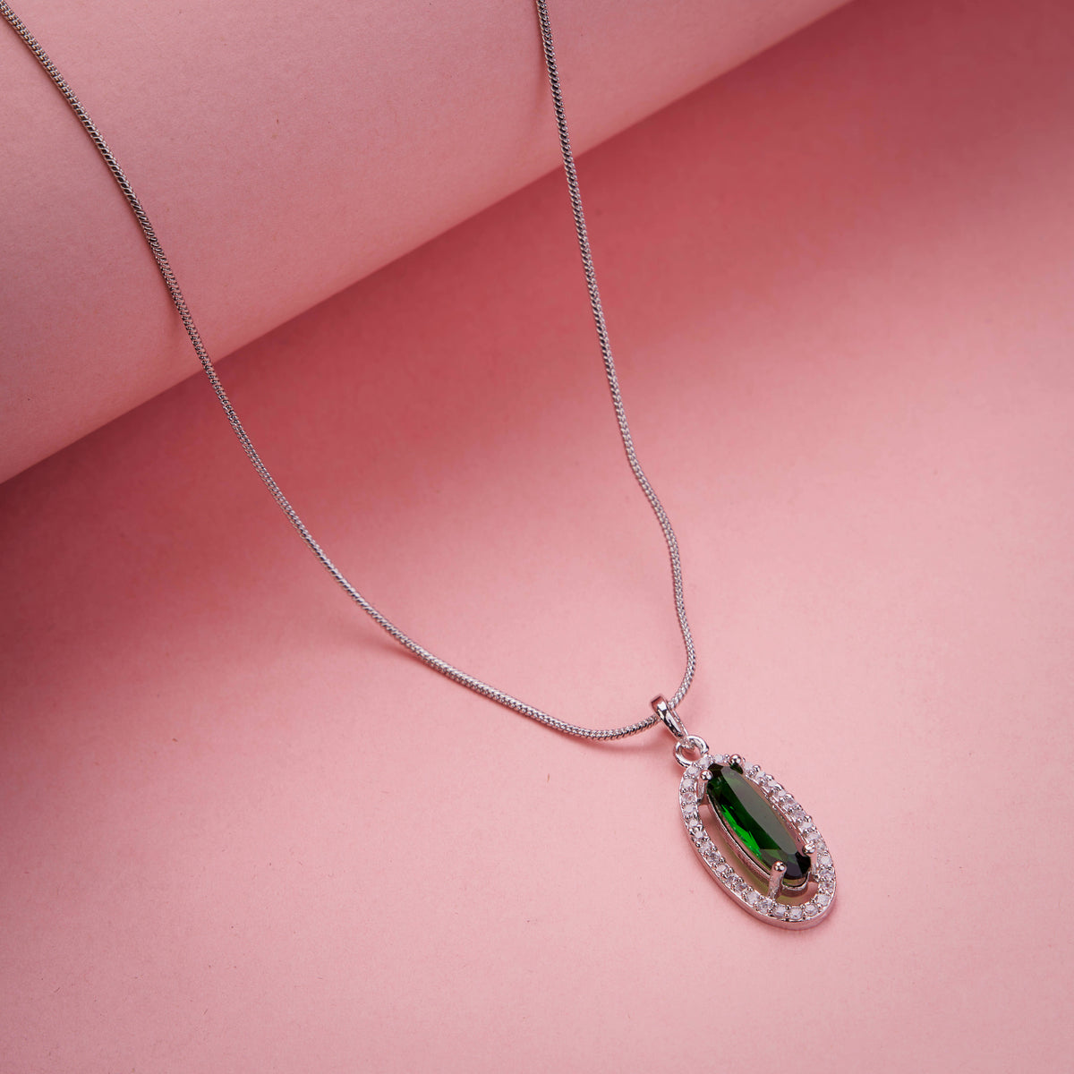 Elongated Oval Halo Design Rhodium Plated Pendant with chain