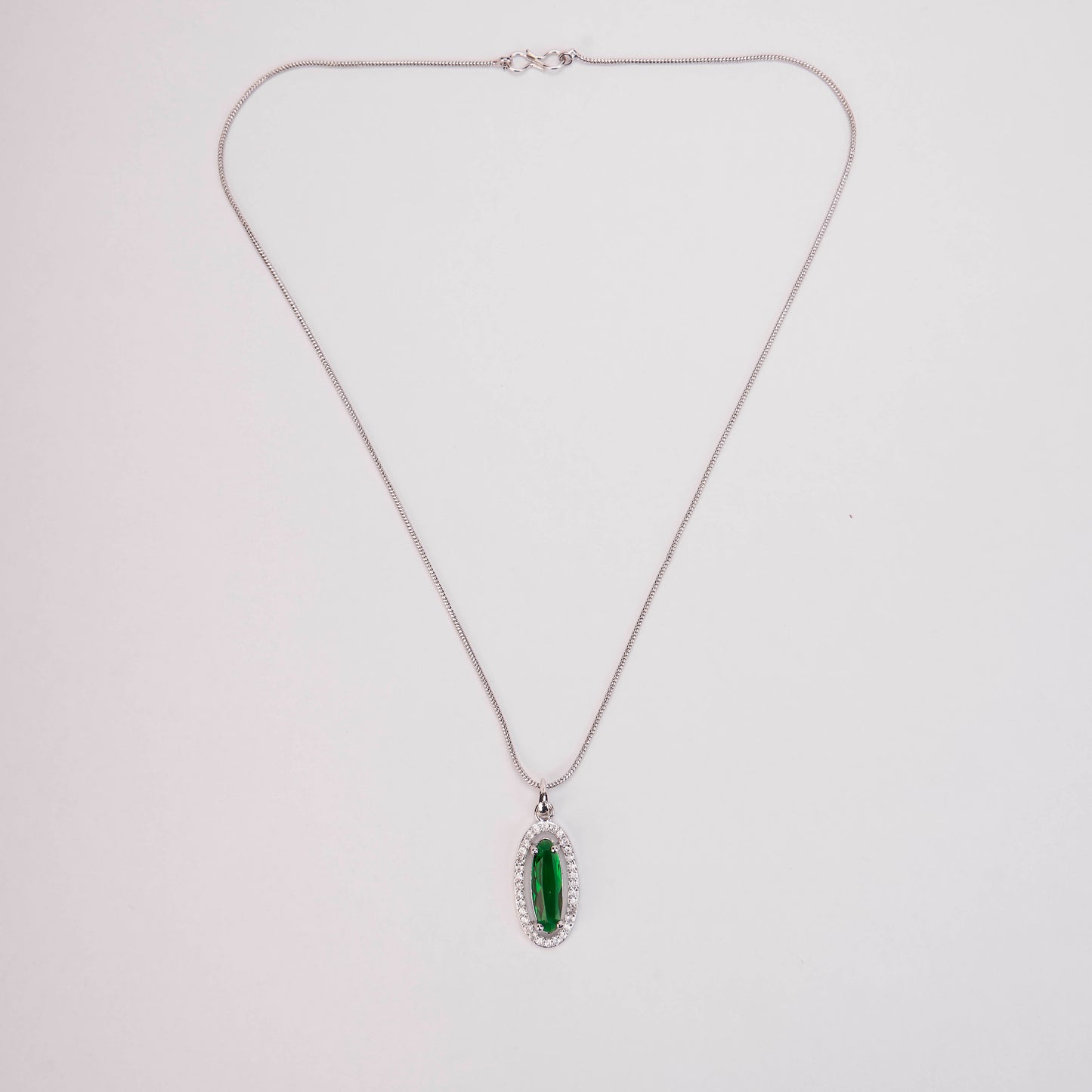 Elongated Oval Halo Design Rhodium Plated Pendant with chain-Crystal Green