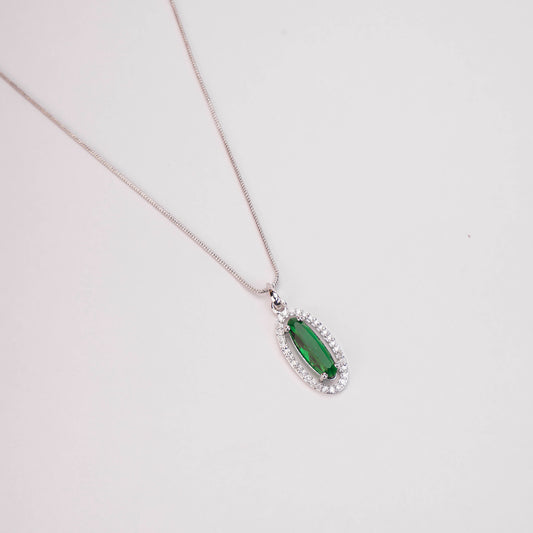 Elongated Oval Halo Design Rhodium Plated Pendant with chain-Crystal Green