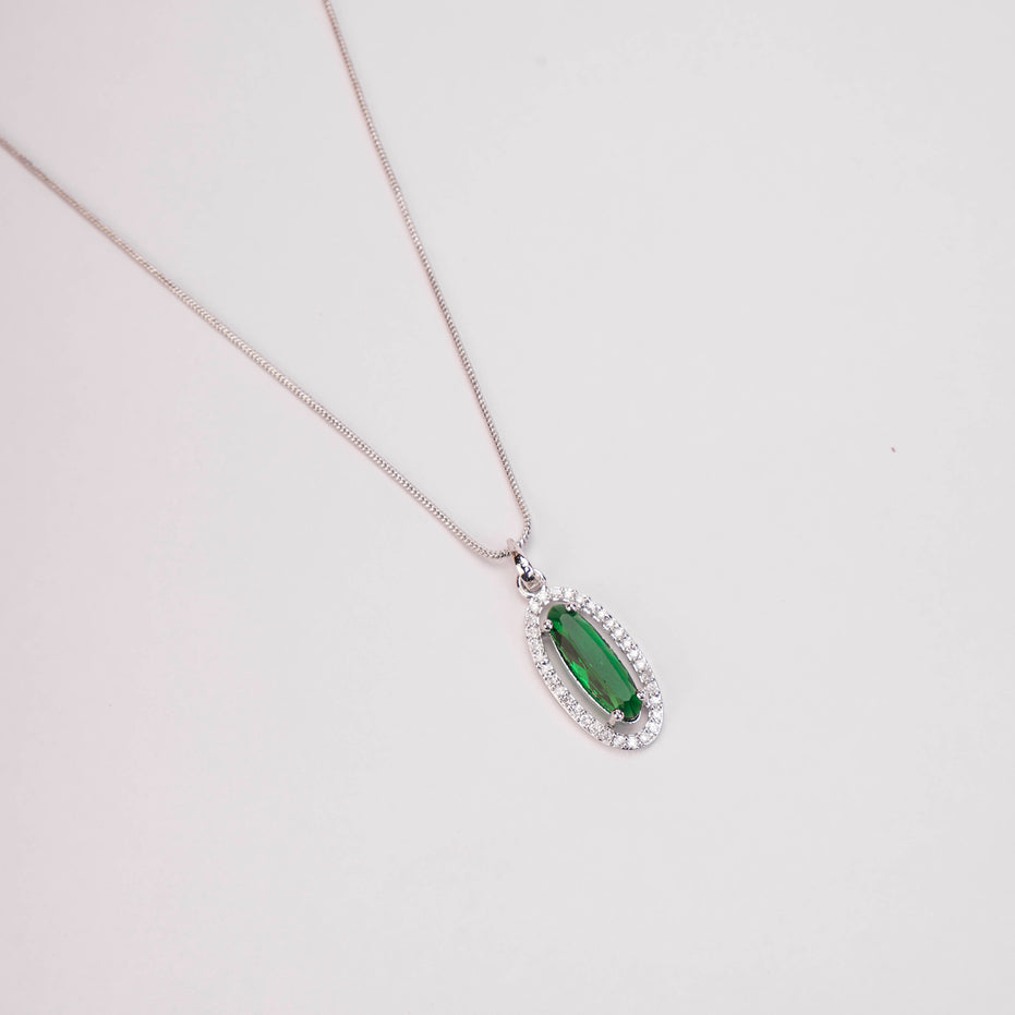 Elongated Oval Halo Design Rhodium Plated Pendant with chain