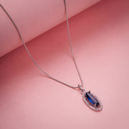 Elongated Oval Halo Design Rhodium Plated Pendant with chain-Crystal Blue
