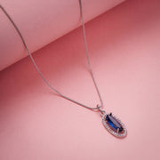 Elongated Oval Halo Design Rhodium Plated Pendant with chain