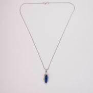 Elongated Oval Halo Design Rhodium Plated Pendant with chain-Crystal Blue