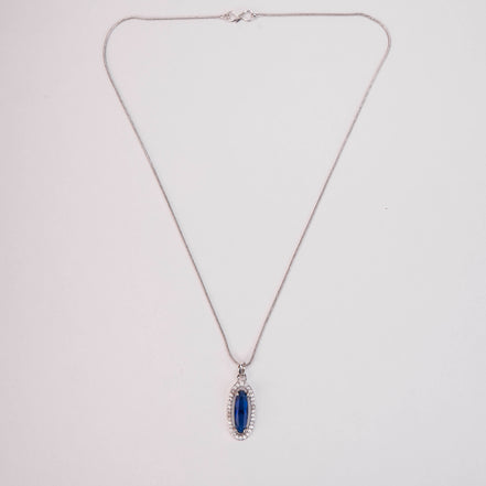 Elongated Oval Halo Design Rhodium Plated Pendant with chain-Crystal Blue