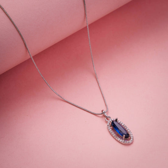 Elongated Oval Halo Design Rhodium Plated Pendant with chain-Crystal Blue