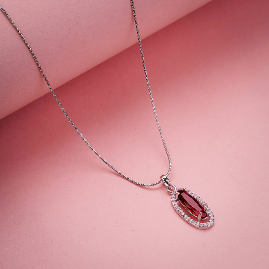 Elongated Oval Halo Design Rhodium Plated Pendant with chain