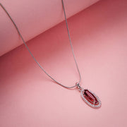 Elongated Oval Halo Design Rhodium Plated Pendant with chain