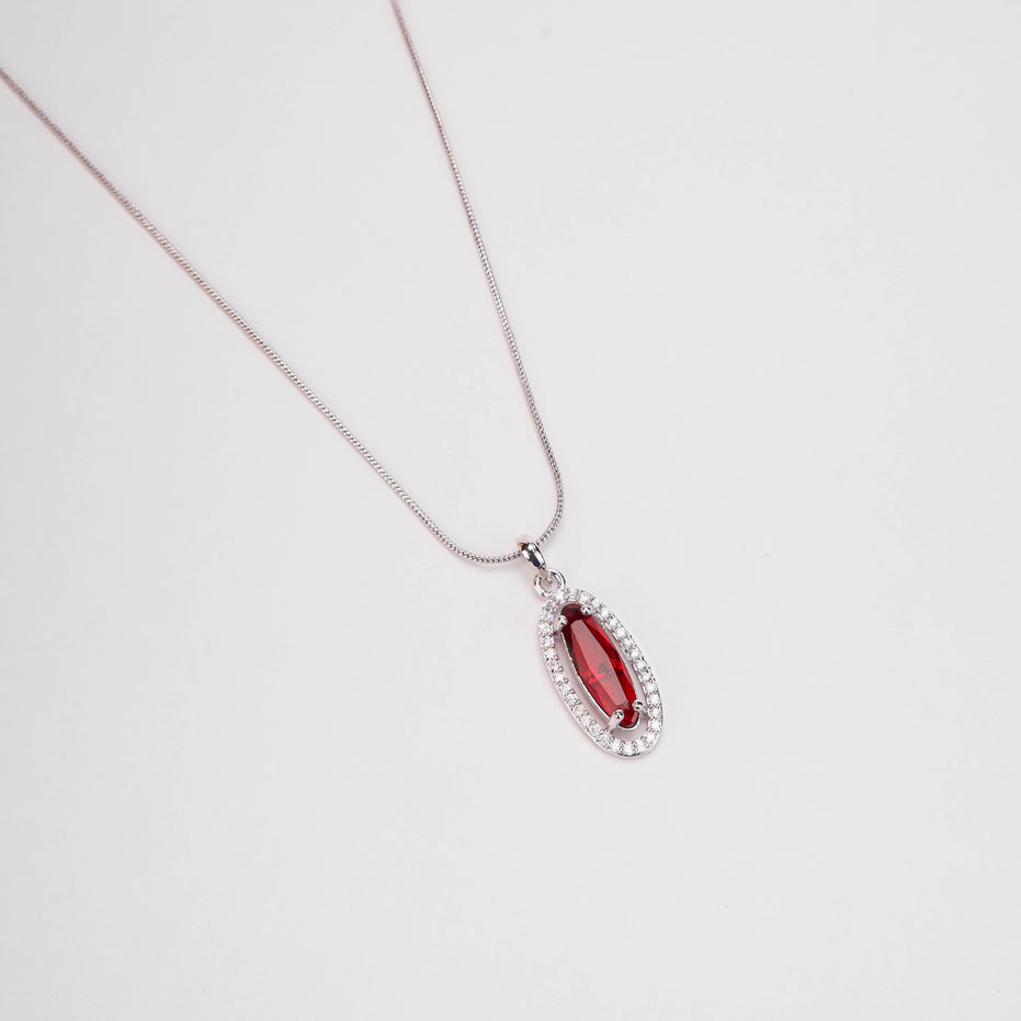 Elongated Oval Halo Design Rhodium Plated Pendant with chain