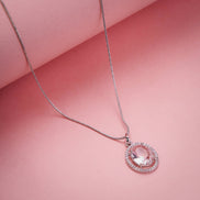 Rhodium Plated Round Pendant Necklace with Faceted Statement Stone