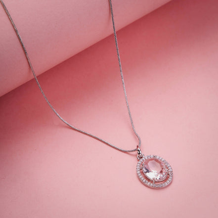 Rhodium Plated Round Pendant Necklace with Faceted Statement Stone