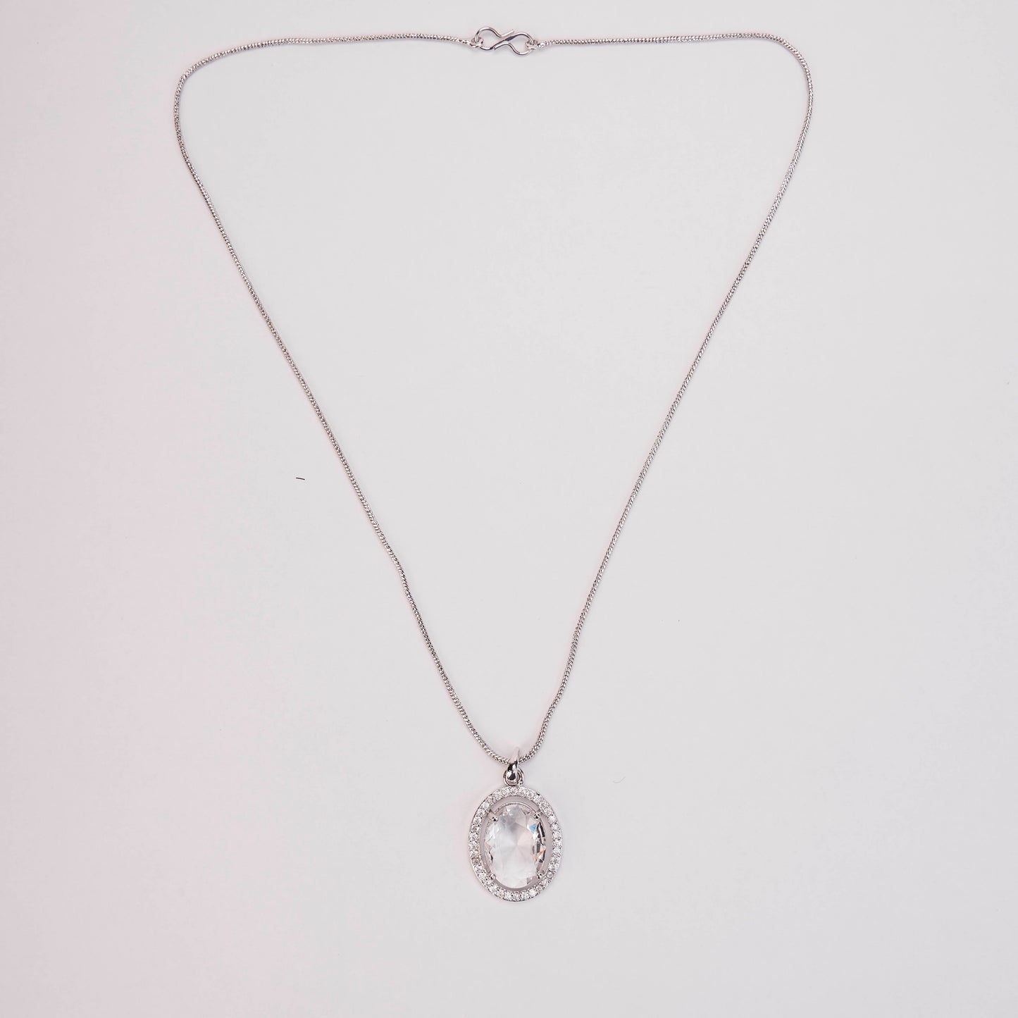 Oval Halo Design Rhodium-Plated Pendant with chain